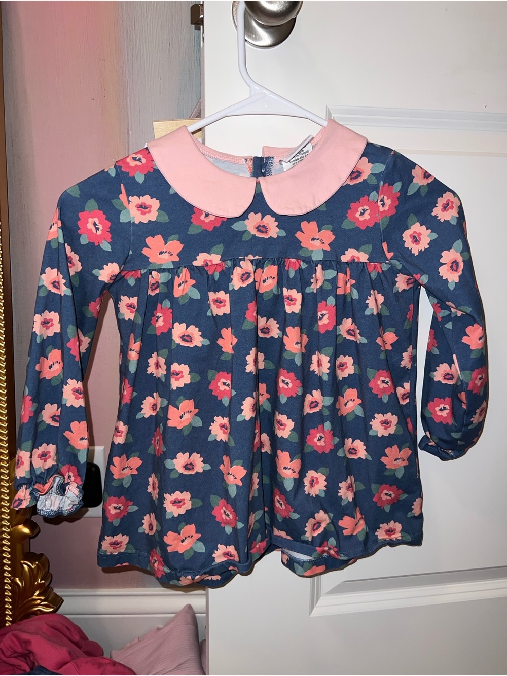 Girls' Navy Floral Long-Sleeve Top with Pink Peter Pan Collar